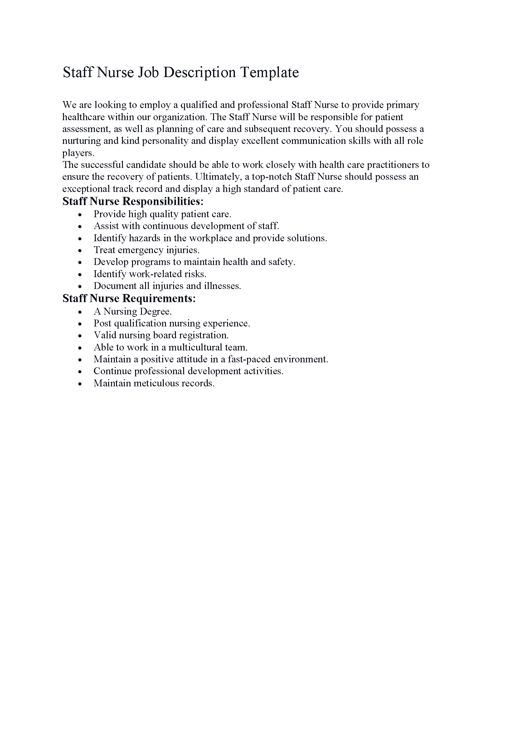 Staff Nurse Job Description Template